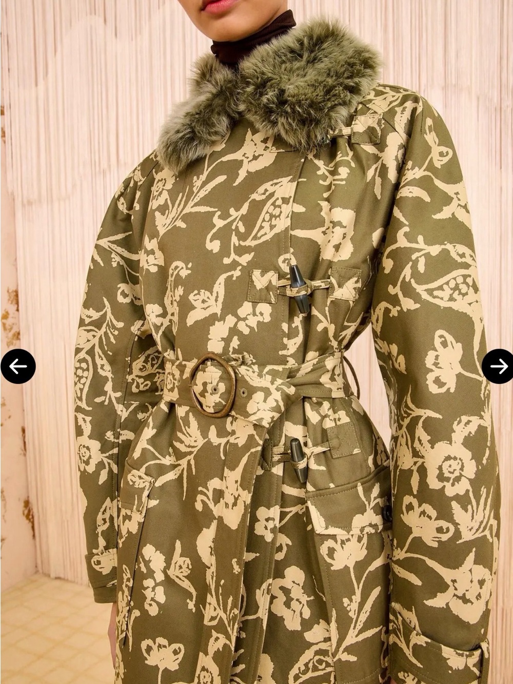 NWT: Ulla Johnson Olive Green Floral Trench Coat with Faux Fur Collar size S
